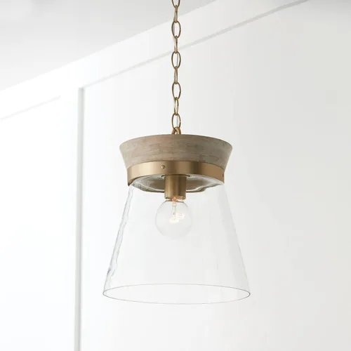 Vista 3 de Capital Lighting 347311WS Finn - Lámpara colgante de techo moderna bohemia artesanal de madera de mango con cono de vidrio transparente, 1 luz