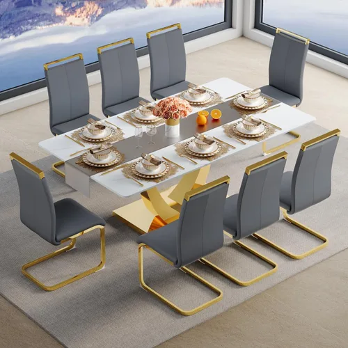 Vista 21 de Juego de mesa de comedor para 4, mesa de comedor de mármol sintético de 63 pulgadas con patas y base de acero inoxidable, sillas acolchadas