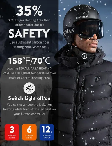 Vista 2 de Chaqueta térmica para hombre con batería de 12 V y guantes calentadores de manos, chaqueta con capucha aislante de calefacción eléctrica