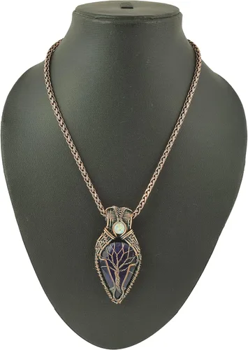 Vista 11 de Impresionante collar con colgante de árbol de la vida de cobre con piedras preciosas hechas a mano y cadena de 20 pulgadas, perfecto
