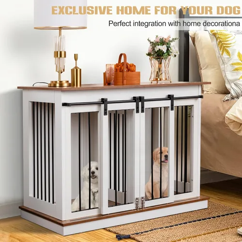Vista 5 de Mueble de jaula para perros con divisor, mesa auxiliar de madera para perreras, casa de perro de raza grande para interiores para un perro grande