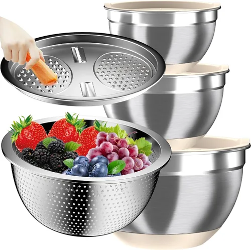 Vista 9 de Nicdiet - Juego de cuencos de mezcla con tapas herméticas, juego de cuencos de mezcla de acero inoxidable con 3 cuencos anidados de metal, colador