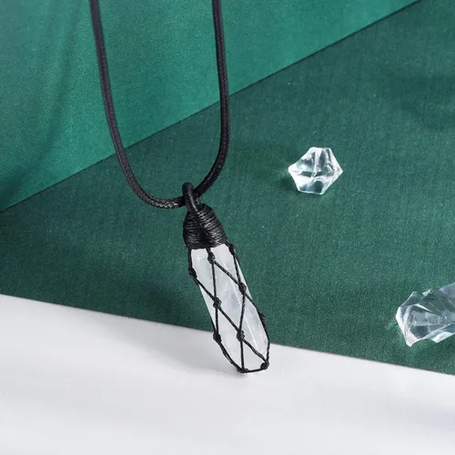 Vista 2 de Black Obsidian Healing Crystal Points Necklace Adjustable Rope Hexagonal Wrapped Braided Stone Pendant Necklace Handmade Gemstone Jewelry for Men