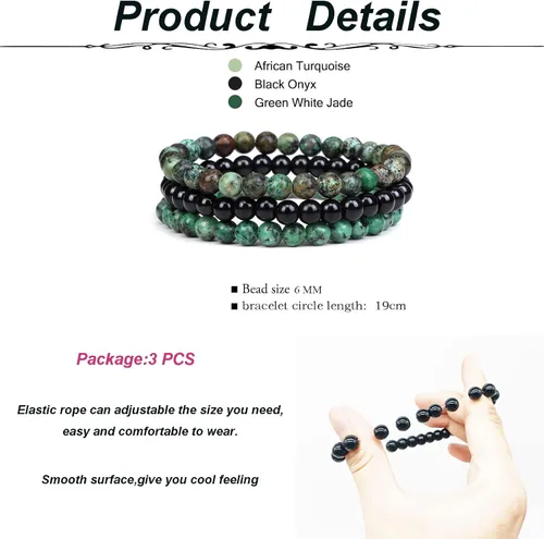 Vista 4 de SONNYX 3 Pcs 6mm Gorgeous Semi-Precious Gemstones Round Beads Energy Power Crystal Reiki Healing Elastic Stretch Bracelet for Women Men Fashion