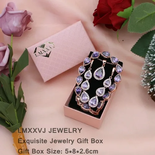 Vista 6 de LMXXVJ Juego de collar y aretes largos, chapados en oro blanco, juego de joyas de zafiro azul creado, joyería de regalo para boda, fiesta, joyería