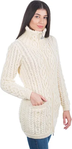 Vista 4 de SAOL Cárdigan irlandés con cremallera Aran para mujer, abrigo de 100% lana merina, con bolsillos y cuello elevado