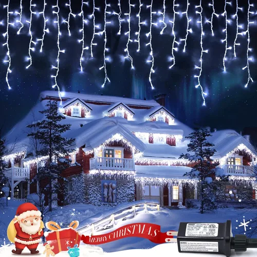 Vista 32 de JMEXSUSS 400 luces LED de Navidad de carámbano de 38.8 pies con control remoto, tira de luces multicolor para exteriores enchufables, 8 modos