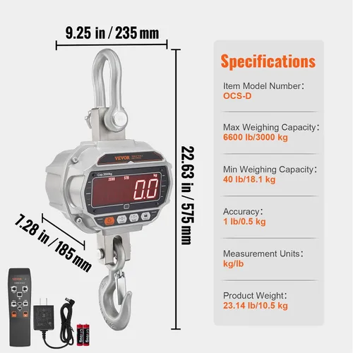 Vista 7 de VEVOR Báscula digital para grúa, 6600 lbs/3000 kg, báscula industrial resistente para colgar con control remoto, carcasa de aluminio fundido