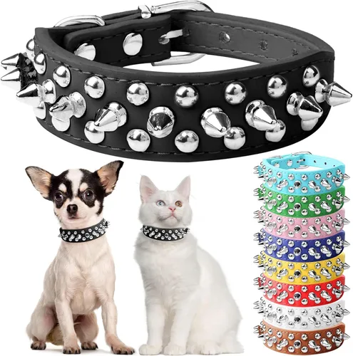 Vista 11 de Collar de perro y gato negro con púas pequeñas para perros pequeños y medianos machos – Collar ajustable con tachuelas – Collar de cuero punk