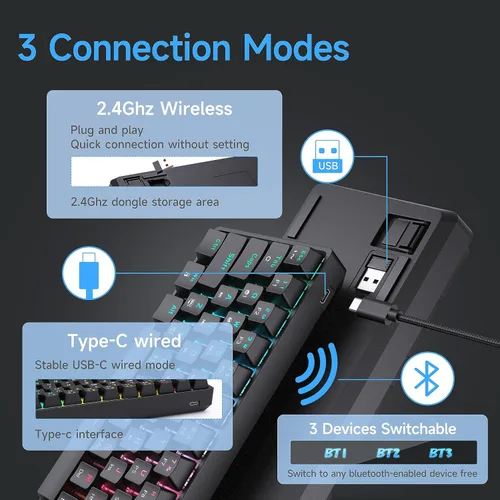 Vista 3 de DIERYA Teclado mecánico inalámbrico DK63 60% para juegos Bluetooth2.4Gcon cable Retroiluminación RGB Mini teclado compacto antifantasma de 63