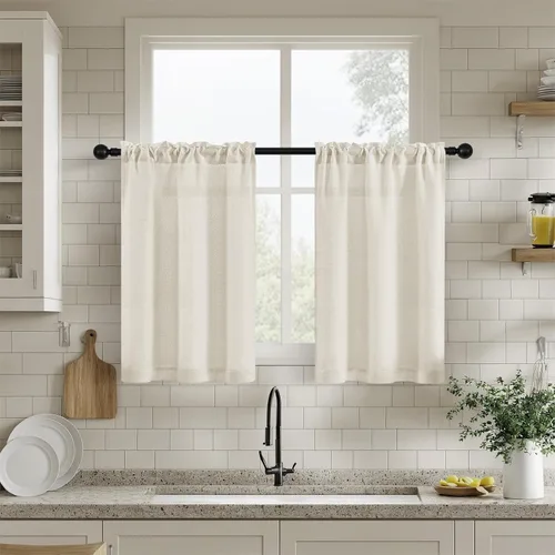 Vista 16 de Cortinas de cocina de lino semitransparente beige de 24 pulgadas de largo, 2 paneles Cream, Cafe Short Curtains, for Bathroom Small Windows, Light