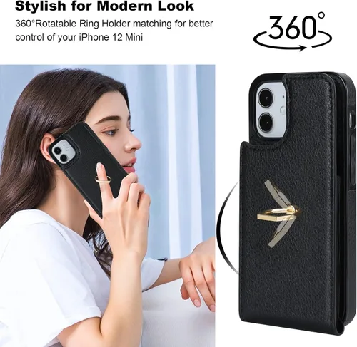 Vista 3 de Folosu Funda compatible con iPhone 12 Mini con soporte para tarjetas, rotación de 360°, soporte de anillo de dedo con función atril, protección