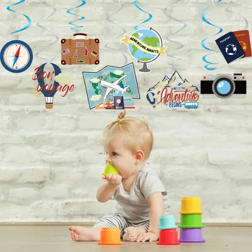 Vista 5 de 30 decoraciones de fiesta de espirales colgantes con temática de viaje, suministros de fiesta para fiesta de cumpleaños, fiesta de jubilación