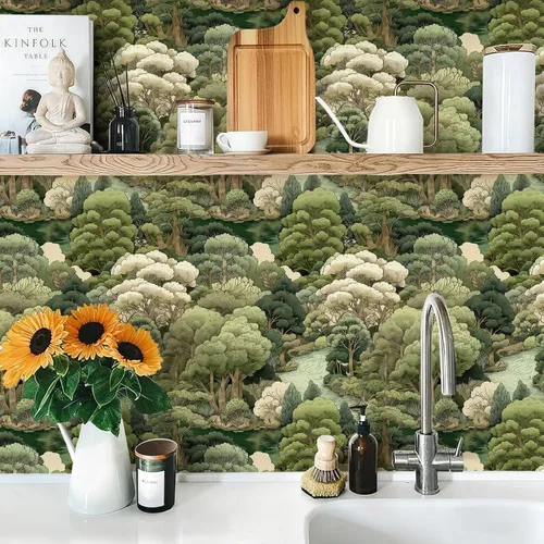 Vista 3 de Papel Tapiz de Bosque Vintage Despegar y Pegar Removible Naturaleza Botánico Árbol Río 17.7" x 118.11" Papel de Pared Acuarela Autoadhesivo Papel