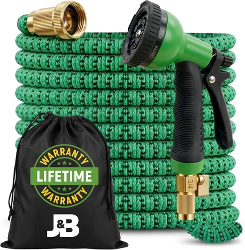 Vista 9 de J&B XpandaHose Ultra Strong 3750D fabric, 4-layer latex core, expands 3X, kink & leak-resistant, 10-pattern nozzle, storage bag