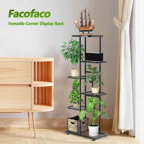 Vista 5 de Soporte de metal para plantas de 6 niveles y 7 macetas para interiores con herramientas de jardinería y guantes, organizador de estantes altos