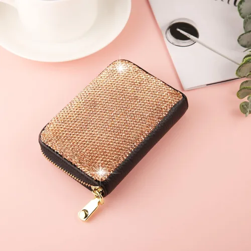 Vista 3 de AsAlways Funda con cremallera multicapa con diamantes de imitación RFID, cartera pequeña delgada para mujer, Oro, Moderno