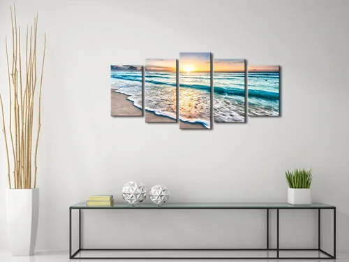 Vista 4 de Pyradecor 5 paneles azul playa amanecer ola blanca imágenes pintura sobre lienzo arte de pared moderno paisaje marino Giclée impresiones sobre