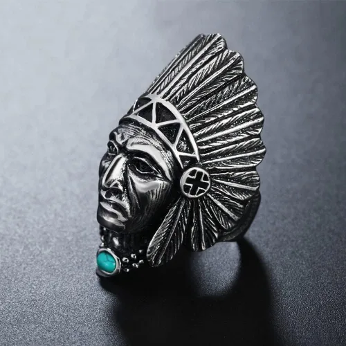 Vista 5 de Anillo de jefe indio para hombres y mujeres, anillos de cabeza indios nativos americanos, banda de acero inoxidable Spirit of The Warrior, punk