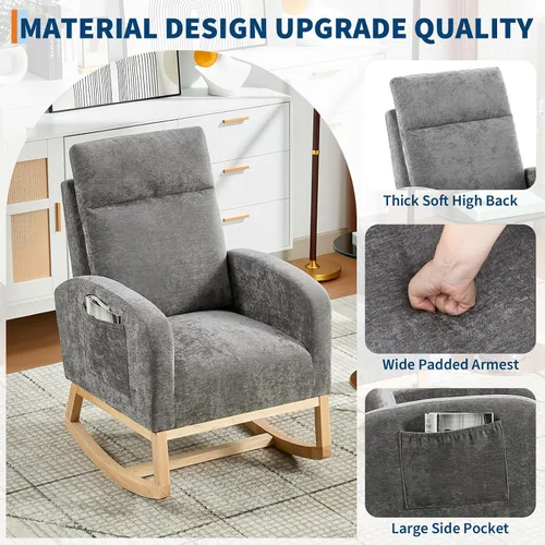Vista 3 de Mecedora moderna para guardería, tapizada de lino con respaldo de 26 pulgadas de alto, asiento acolchado para sala de estar, dormitorio, lectura