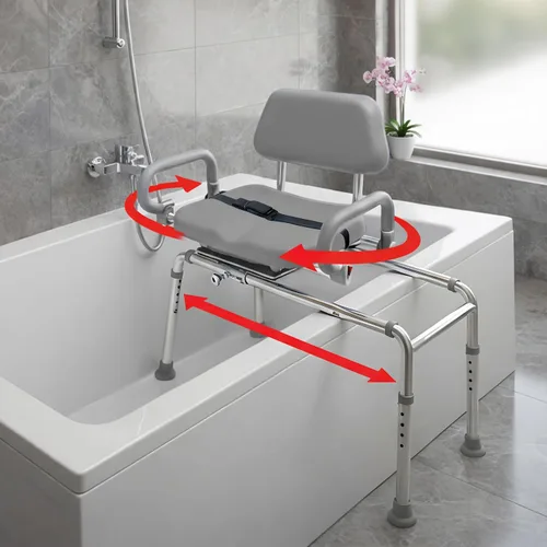 Vista 11 de Banco de transferencia deslizable para ducha con asiento giratorio Carousel, bariátrico, acolchado premium con apoyabrazos giratorios, alta Azul