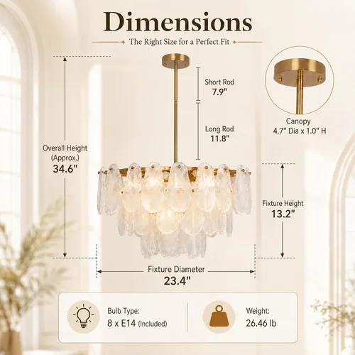 Vista 3 de Lámpara de araña moderna de cristal, lámpara de 8 luces dorada