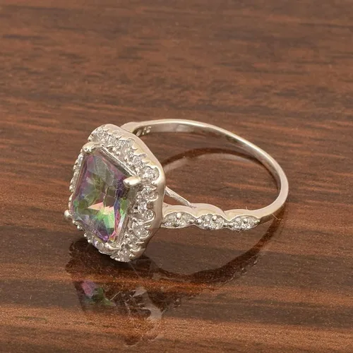 Vista 2 de Anillo solitario de plata de ley 925 con corte esmeralda para mujer
