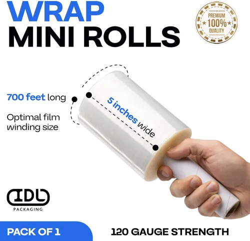 Vista 2 de IDL Packaging Mini rollo elástico de 5 pulgadas, 700 pies, calibre 120 (paquete de 1) con un mango de cartón extendido, envoltura de plástico