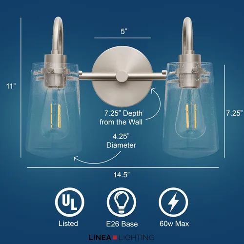 Vista 2 de Linea di Liara Avezzana - Lámpara de tocador de baño de 2 luces de níquel cepillado con pantalla de vidrio transparente, modernas luces de tocador