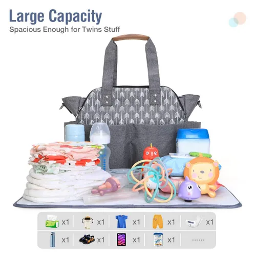 Vista 8 de Lekebaby Bolsa de pañales, 17 bolsillos, bolsa de pañales de viaje grande impermeable con cambiador portátil, bolsa de hospital cruzada para mamá