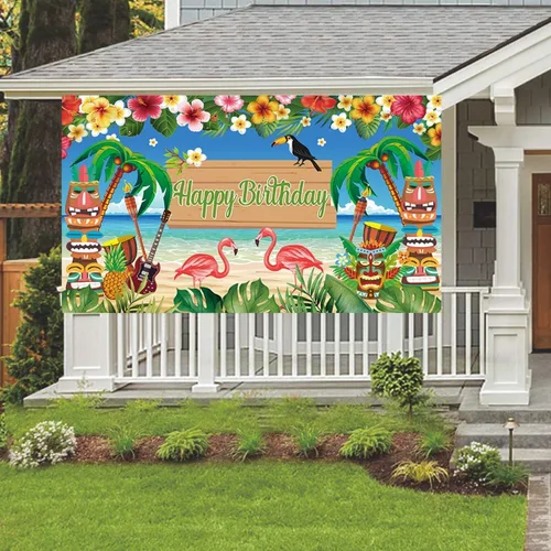 Vista 7 de KYMY Cartel grande hawaiano de Luau con texto en inglés "Happy Birthday", cartel de cumpleaños floral de verano con flamenco tropical de 70.8 x 43.3