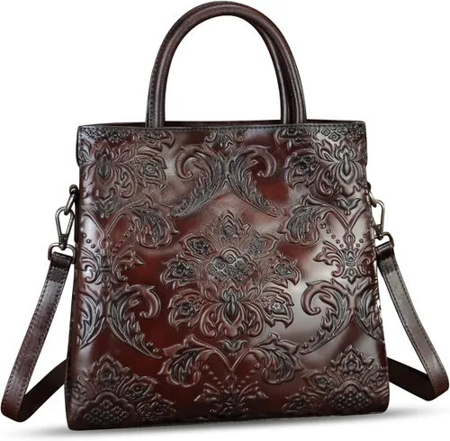 Vista 3 de Bolso de cuero genuino para mujer, bolso de cuero en relieve, bolso de mano con asa superior, bolso cruzado