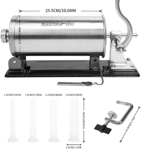 Vista 10 de 2.5 LBS Sausage Stuffer Horizontal Stainless Steel Stuffing Maker Machine Packed with 4 Stuffing Funnels