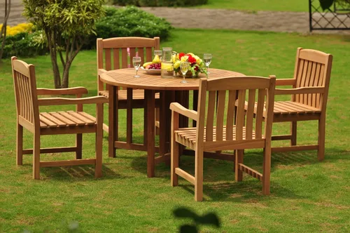 Vista 3 de Juego de comedor de 5 piezas de madera de teca de grado A de 4 plazas: mesa plegable redonda de mariposa de 48 pulgadas y 4 sillas Devon Captain/Arm