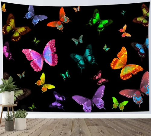 Vista 5 de LB Tapiz de mariposa Trippy para colgar en la pared, manta de tapiz estético psicodélico negro, decoración de pared de insectos de polilla colorida