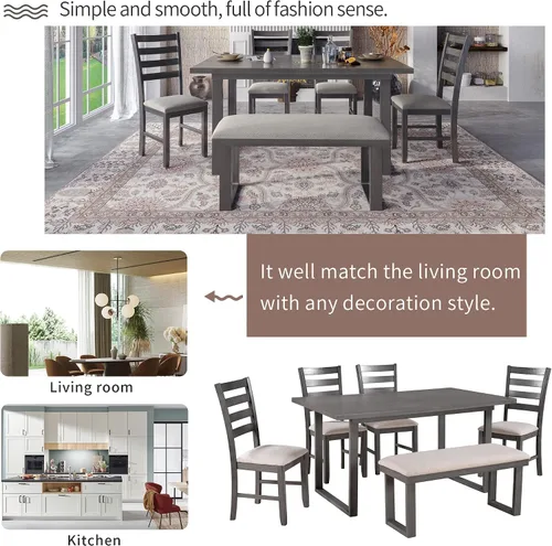 Vista 3 de Quarte Juego de mesa de comedor de 6 piezas, juego de mesa rectangular de madera rústica con 4 sillas y banco, perfecto para cocina y familia