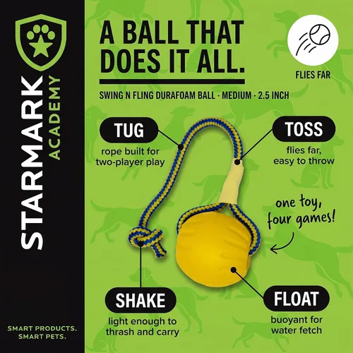 Vista 4 de Juguete de perro StarMark Fantástico Balón de espuma en una cuerda, M, Dorado y amarillo