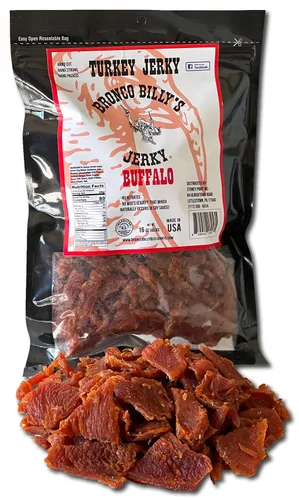 Vista 25 de Bolsa resellable de media libra de carne de res con sabor a bourbon Bronco Billy's Beef Jerky