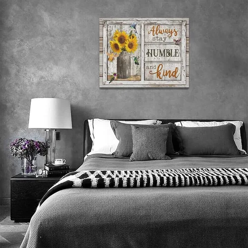 Vista 6 de Arte de pared motivacional, diseño rústico de girasol, colibrí, decoración de pared de baño, con citas inspiradoras "Always Stay Humild" y Kind