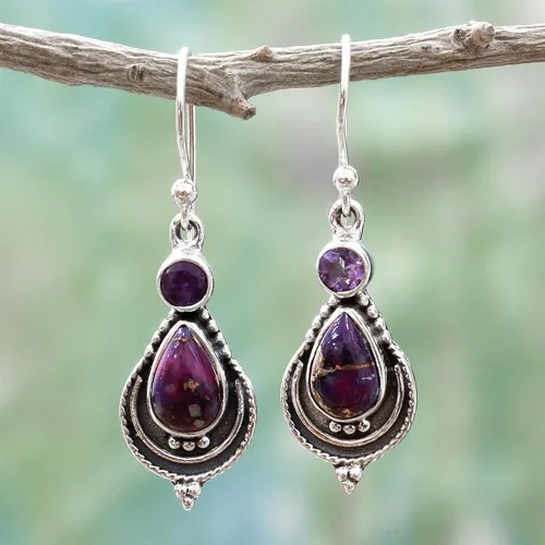 Vista 5 de NOVICA Aretes colgantes artesanales hechos a mano de amatista de plata con turquesa compuesta de ley reconstituida con piedra natal india púrpura
