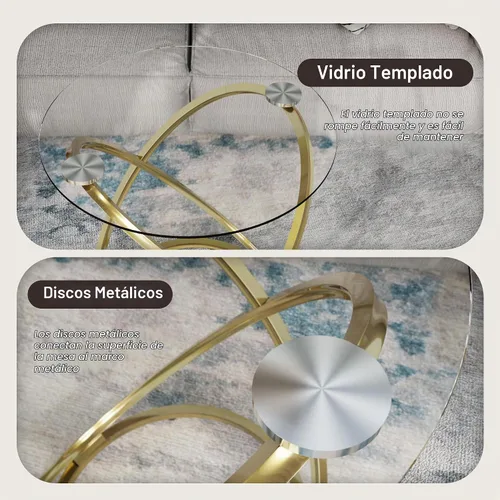 Vista 5 de Mesa de Café de Vidrio Otterease, Mesa Auxiliar Moderna con Marco de Metal Dorado en Forma de Anillo, Mesa de Café Redonda de Vidrio