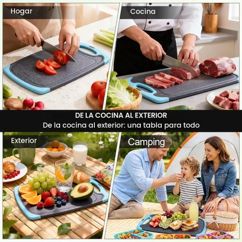 Vista 9 de Tabla de cortar de plástico, 3 tablas de cortar aptas para lavavajillas con ranuras para jugo, mango de fácil agarre, antideslizante, con área