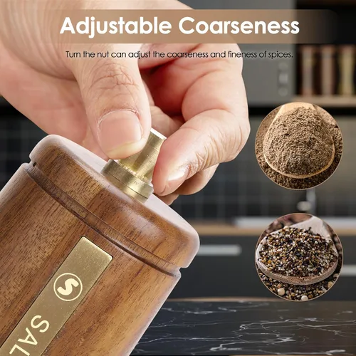 Vista 4 de Juego de molinillo de sal y pimienta de madera, molinillo de pimienta manual de 8 pulgadas Adjustable Coarseness Refillable Ceramic Core Grinder