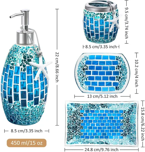 Vista 7 de Joeyan Juego de accesorios de baño de vidrio azul hecho a mano, juego de baño decorativo de mosaico, incluye dispensador de jabón, soporte