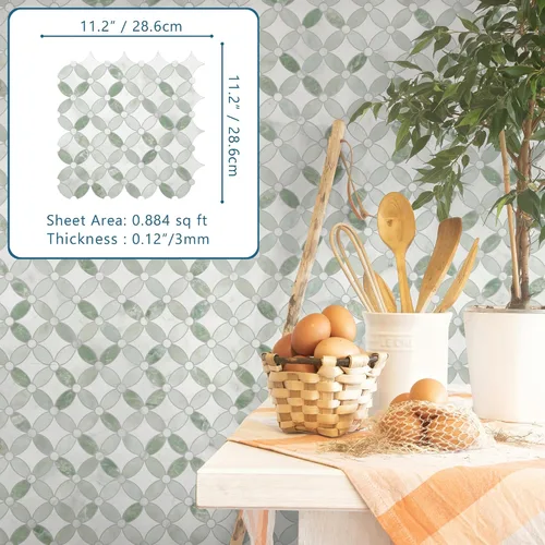 Vista 10 de SUNWINGS Azulejo de Salpicadero de 10 Hojas Despegar y Pegar Coin Waterjet, 11.2" x 11.2" Aspecto de Mármol Verde Azulejo Autoadhesivo de Pared