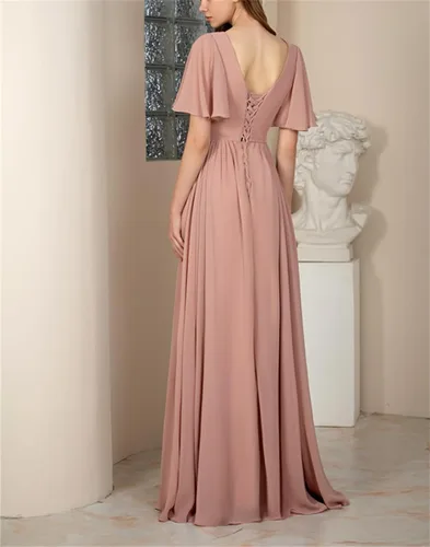 Vista 5 de Flutter Sleeve Bridesmaid Dresses with Pockets V Neck Chiffon Formal Party Gowns with Slit