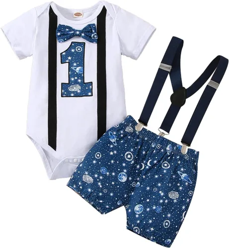Vista 13 de Ropa divertida para el primer cumpleaños para bebé, ropa para bebé, con corbatín, mameluco, pantalones, conjunto de tirantes, trajes de pastel