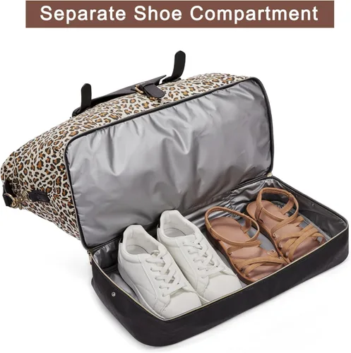 Vista 5 de CLUCI Bolsa de fin de semana para mujer, de cuero, grande, con compartimento para zapatos, Patrón de leopardo con negro