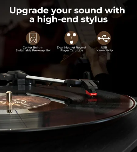 Vista 4 de VANGOA Tocadiscos de vinilo, tocadiscos de 3 velocidades con receptor Bluetooth, altavoces estéreo integrados, color negro