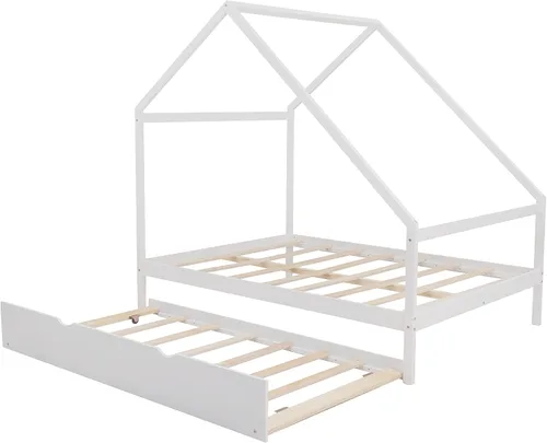 Vista 8 de Cama de casa de tamaño matrimonial con cama nido de tamaño individual, marco de sofá cama de madera maciza con techo, se puede decorar, marco